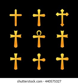 Silhouettes set of crosses. Different forms. Isolated on black background. Vector illustration.