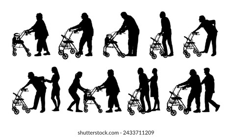 Silhouettes set of elderly people using rollator or walker vector collection. Senior old people walking with walker silhouette set.	