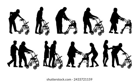 Silhouettes set of elderly senior people using walker walking aid vector collection.