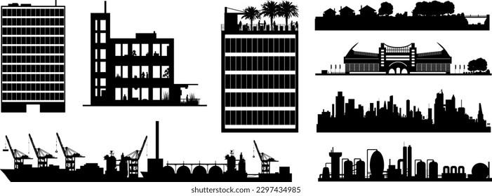 Silhouettes set: elements for city, roof top bar, suburb, building, port and industrial facilities