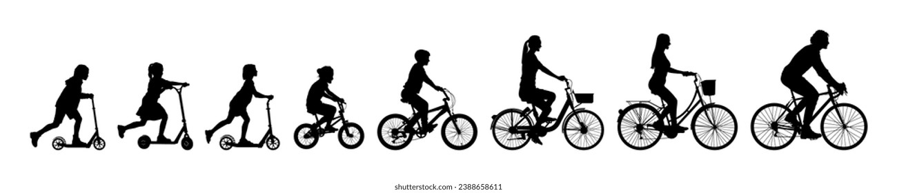 Silhouettes set of family riding bicycles and scooters together side view.	