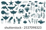 Silhouettes set featuring various sea creatures and marine plants.