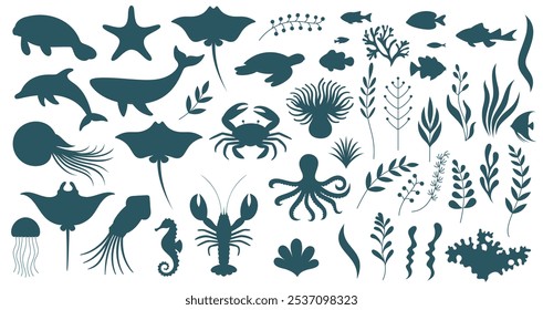 Silhuetas com várias criaturas marinhas e plantas marinhas.