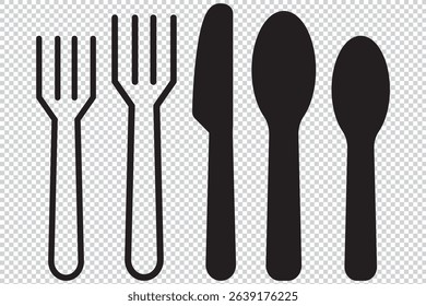  Silhouettes set of a Fork, Spoon, and Knife on a Transparent Background EPS 10
