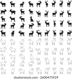Silhouettes set of Goat and outline icon vector art illustration with white background