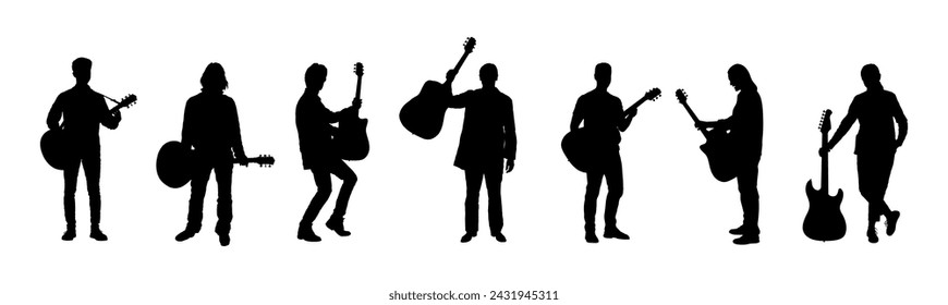 Silhouettes set of group of musicians playing acoustic and electric guitars.	
