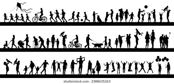 Silhouettes set of group people adult seniors and kids outdoor activities vector. Family recreation friends children having fun outdoor in park silhouettes.