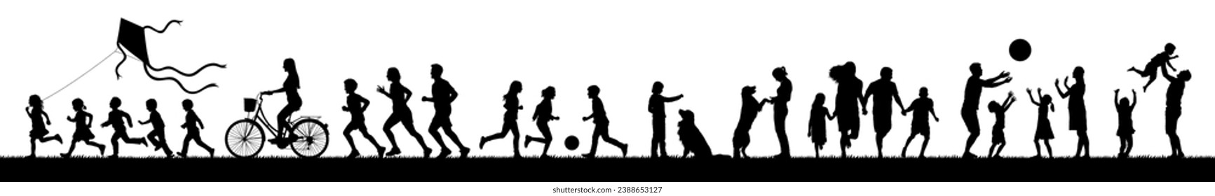 Silhouettes set of group people adult and kids having fun outdoor activities vector. 