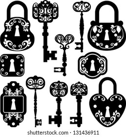 silhouettes set of keys, keyhole  and locks