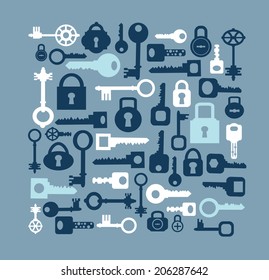 Silhouettes set of keys and locks in style flat