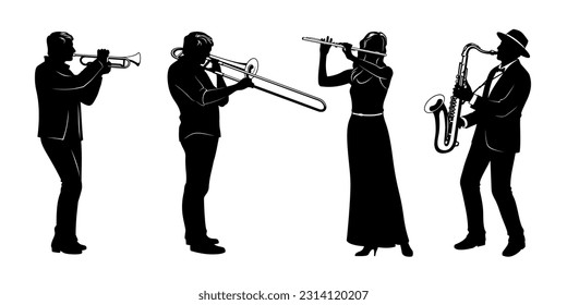 Silhouettes conjunto de músicos tocando sobre instrumentos eólicos. Trompeta, trombona, flauta, saxofón. Clíparas vectoriales aisladas en blanco.