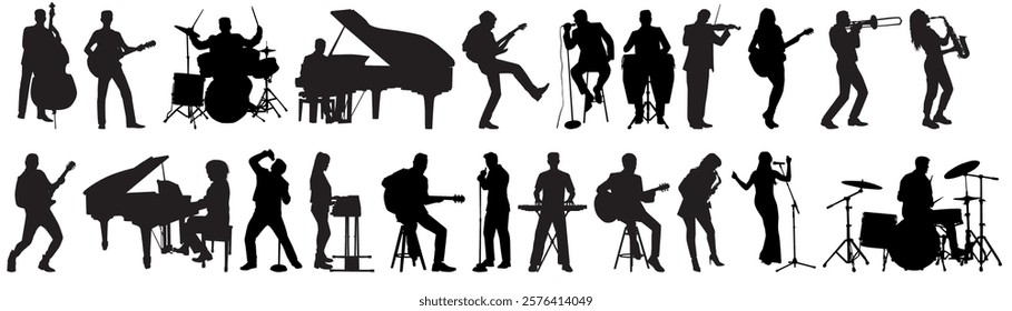 silhouettes set of musicians playing various musical instruments flat vector collection. Large musicians playing instruments together 