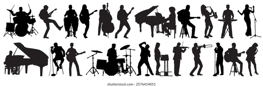 silhouettes set of musicians playing various musical instruments flat vector collection. Large musicians playing instruments together 