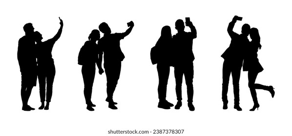 Silhouettes set of people couple taking selfie in different poses on white background flat vector.	
