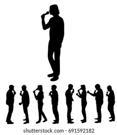 silhouettes set of people singing with microphone