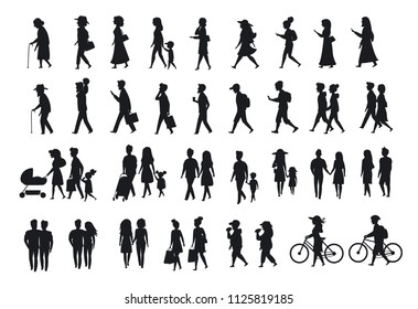 silhouettes set of people walking.family couples, parents, man and woman different age generation walk with bikes, smartphones, eat, texting, talking, side back front views isolated vector scenes