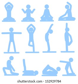 silhouettes set person performing yoga and stretching exercises, in light blue, white.