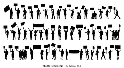 Silhouettes set of protesters various poses holding placards banners and speaking through loudspeaker street protesting on white background vector illustration.