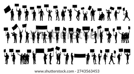 Silhouettes set of protesters various poses holding placards banners and speaking through loudspeaker street protesting on white background vector illustration.