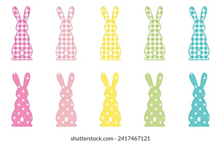 Silhouettes set of rabbits. Bunny ears, buffalo plaid and polka dots pattern. Clipart. Easter design elements. Vector illustration