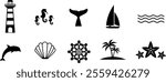 Silhouettes set of sea creatures, sailing and beach elements, creating a maritime theme. Illustration, vector