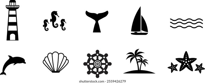 Silhouettes set of sea creatures, sailing and beach elements, creating a maritime theme. Illustration, vector