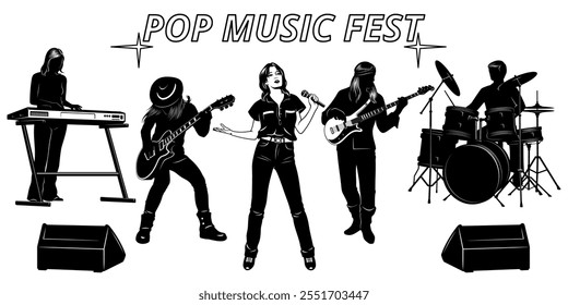 Silhouettes Set of Singer Woman with Musicians. Keyboardist, Vocalist, Electric guitar player, Bass guitarist, Drummer. Vector cliparts isolated on white.