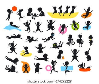 silhouettes set of summer time children on the beach swimming diving jumping playing ball, make sand castle, snorkel, slide on tubes, floating on inflatable mattress ring, running, riding banana boat