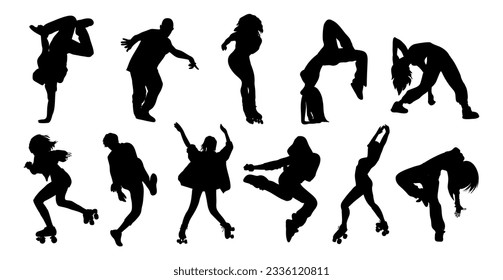 Silhouettes conjunto de adolescentes, jóvenes realizando diferentes actividades - baile, hip-hop, breakdance, patinaje sobre ruedas, rap. Dibujo del vector monocromo de contorno aislado en fondo blanco