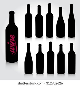 Silhouettes set wine bottles with reflection. Vector icon