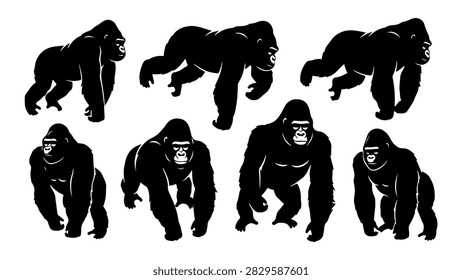 Silhouettes of seven gorillas in different stances, showcasing their powerful and majestic presence in a natural setting.