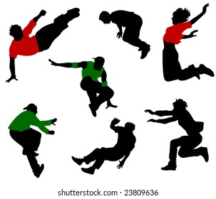 Silhouettes of seven jumping and fallen people