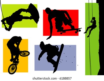 Silhouettes of several extreme sports