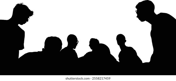 Silhouettes of several individuals against a bright background, creating a dramatic contrast.