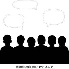 silhouettes of several people on a white background and blank speech bubbles