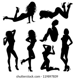 Silhouettes Sexy Girl In Various Poses, Isolated On White Background. Isolated Vector Illustration.