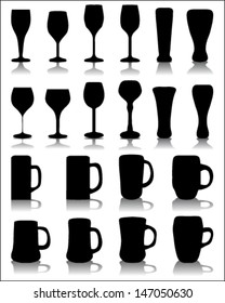 Silhouettes and shadows of wine glasses and beer mugs, vector