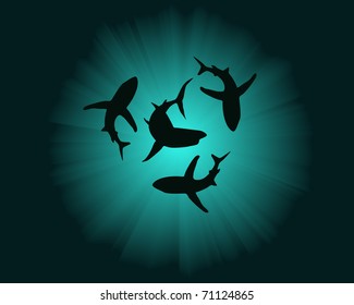 silhouettes of sharks in the background of water