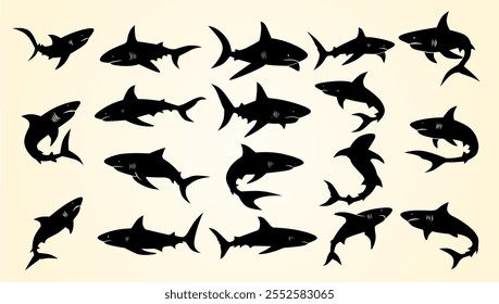 Silhouettes of sharks in various dynamic poses, showcasing their power and aquatic elegance.