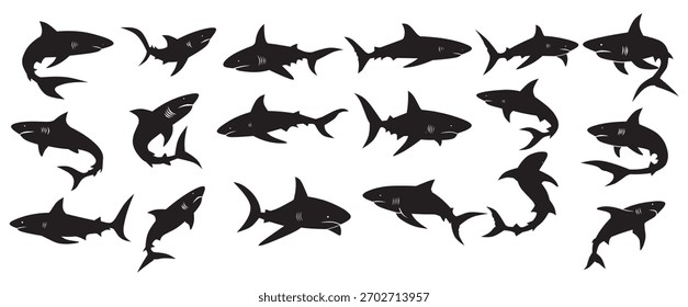 silhouettes of sharks in various dynamic poses showcasing