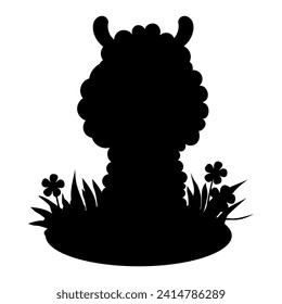 Silhouettes sheep in grass with flowers. Black hand drawn drawing of farm animal. Vector illustration