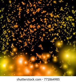 Silhouettes shining swarms of butterflies and fireflies circling in the sky, vector