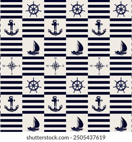 Silhouettes of ship rigging in a pattern.Vector seamless pattern with compass, anchor and yacht on striped background.