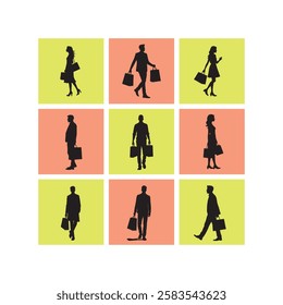 Silhouettes of shoppers are arranged in a grid. The shoppers all carry bags on a background that alternates between coral and chartreuse