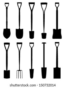 Silhouettes of shovels on white background, vector illustration 