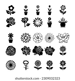 Silhouettes of simple vector flowers. Cute round flower plant nature collection. Collection of high quality black style vector icons. Daisy icon or Cosmos icon set.