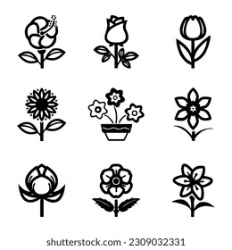 Silhouettes of simple vector flowers. Cute round flower plant nature collection. Collection of high quality black style vector icons. Daisy icon or Cosmos icon set.