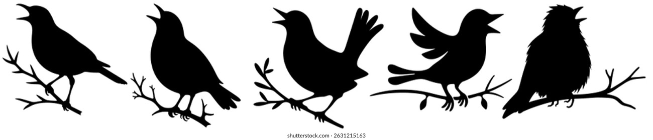 Silhouettes of Singing Birds on Branches – Vector Illustration of Small Songbirds in Black and White for Nature, Wildlife, and Decorative Art Themes

