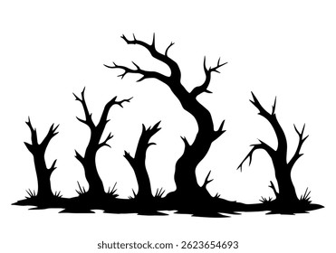 Silhouettes of sinister trees. Panorama of old forest on Halloween. Vector illustration.