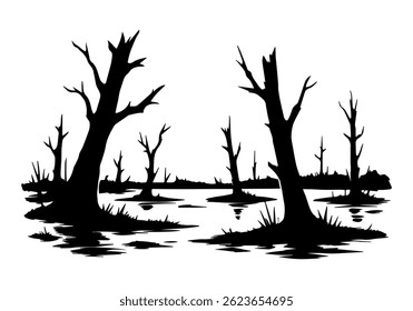 Silhouettes of sinister trees. Panorama of the swamp. Old forest on Halloween. Vector illustration.